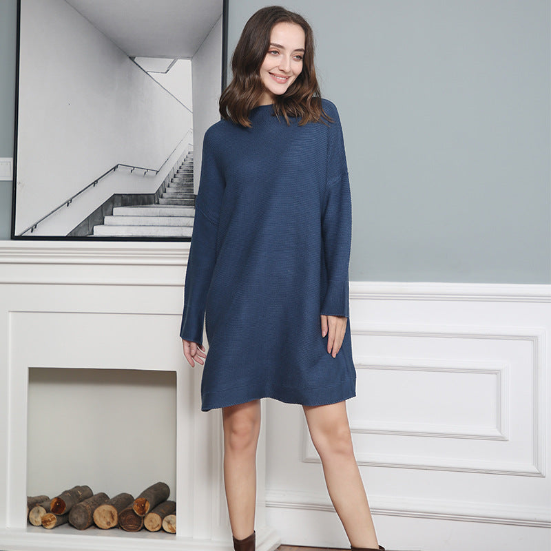 Women Oversize Knit Tunic with Short Stand-up Collar and Dropped Shoulder Chichicherry