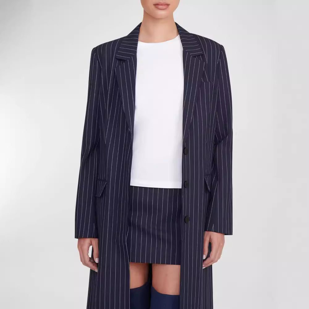 Women's Oversize Longline Coat in Pinstripe Look with Slit and Flap Pockets Chichicherry
