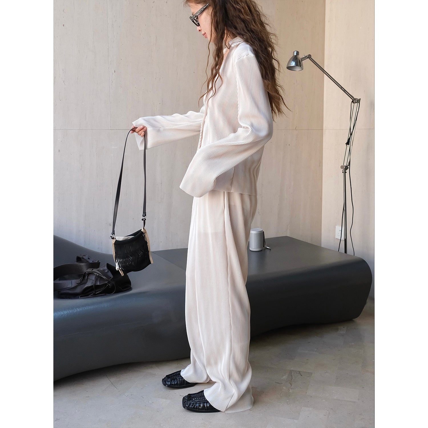 Women's Wide Palazzo Pants made of ribbed fine knit with elastic waistband Chichicherry