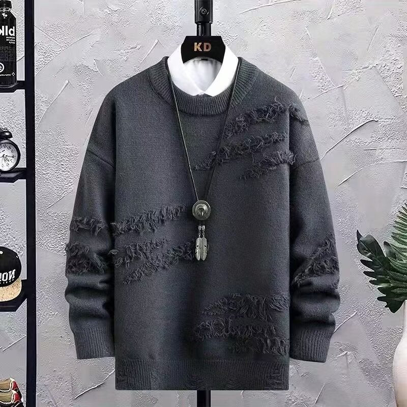 Herren Oversized Strickpullover mit Fransen‑Used‑Details und Rundhalsausschnitt Chichicherry