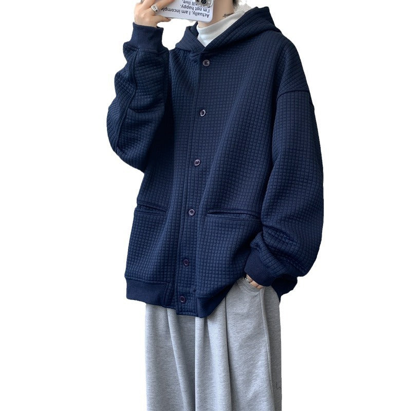 Men's Oversized Quilted Hooded Jacket with Waffle Texture, Button Placket and Side Pockets Chichicherry