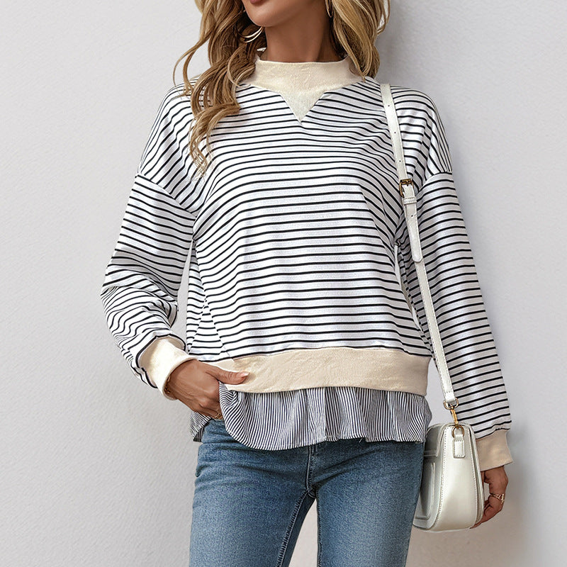 Women's Striped Layering Sweatshirt with Chiffon Insert and Contrasting Stand Collar Chichicherry