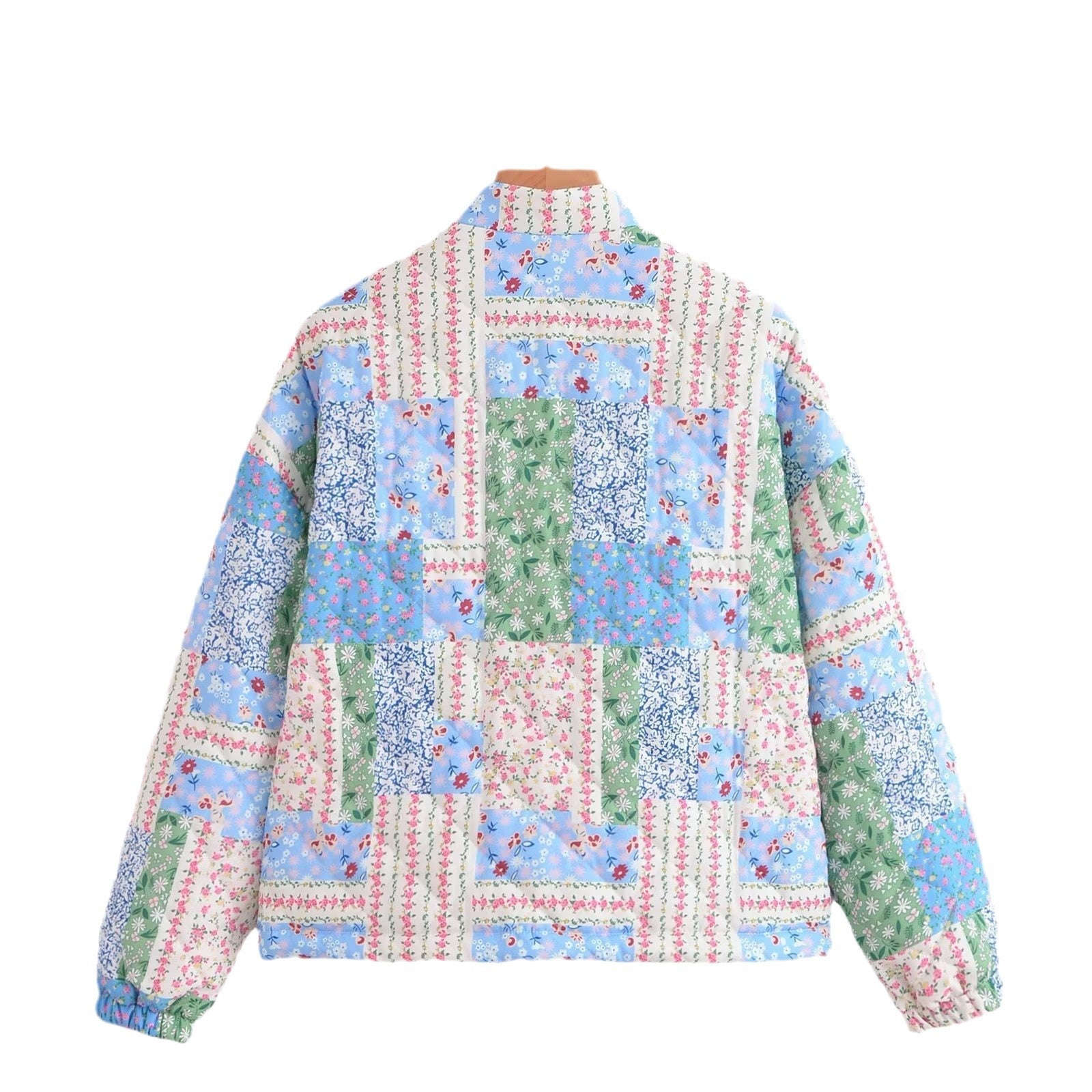 Women Padded Patchwork Quilted Jacket with Stand Collar and Snap Fastening Chichicherry