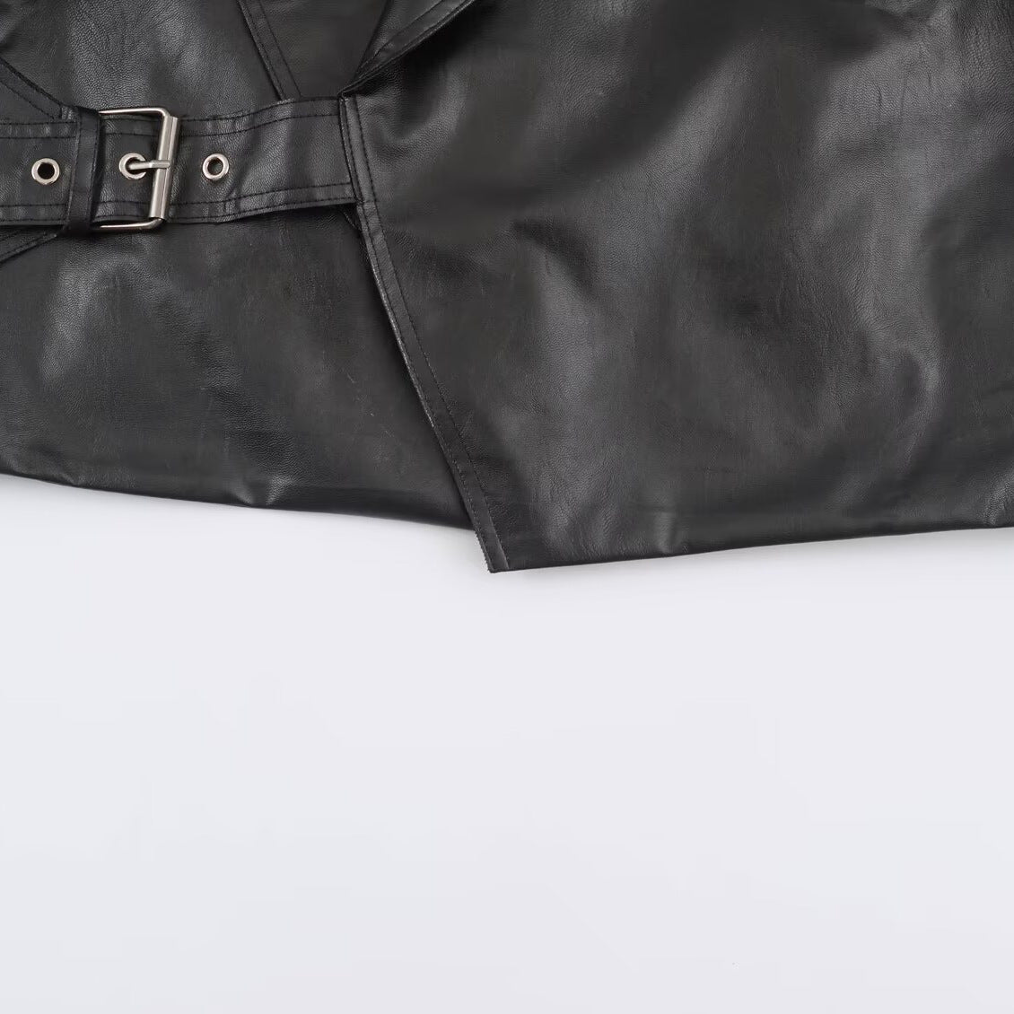 Women's Cropped Leather-Look Jacket with Oversized Shawl Collar and Tailoring Buckle Belt Chichicherry