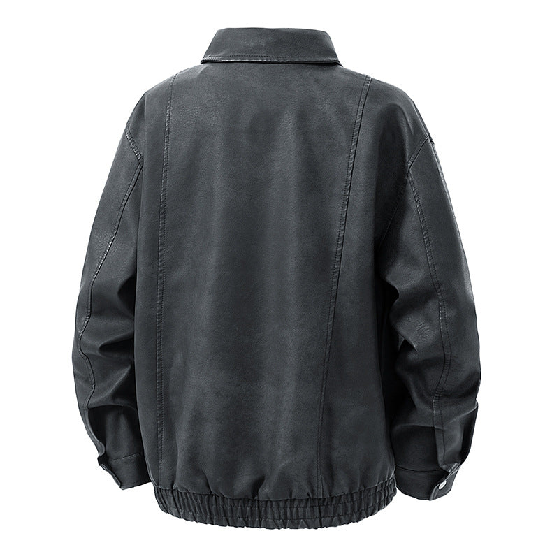 Men's leather bomber jacket with zipper and elastic hem Chichicherry
