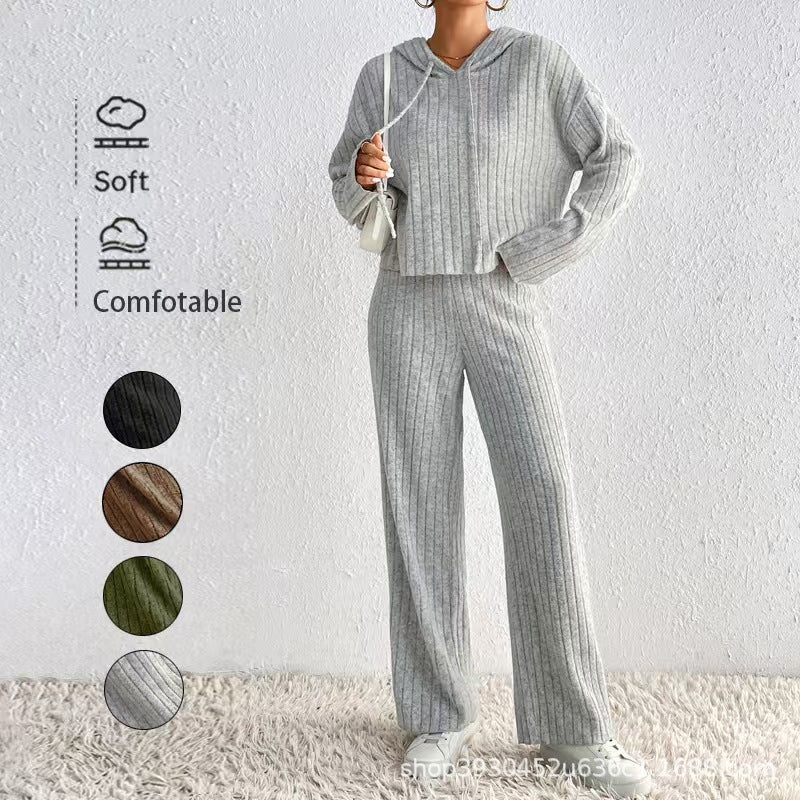 Women's Ribbed Cozy Lounge Set made of Chenille with Hoodie and Wide Leg Pants Chichicherry