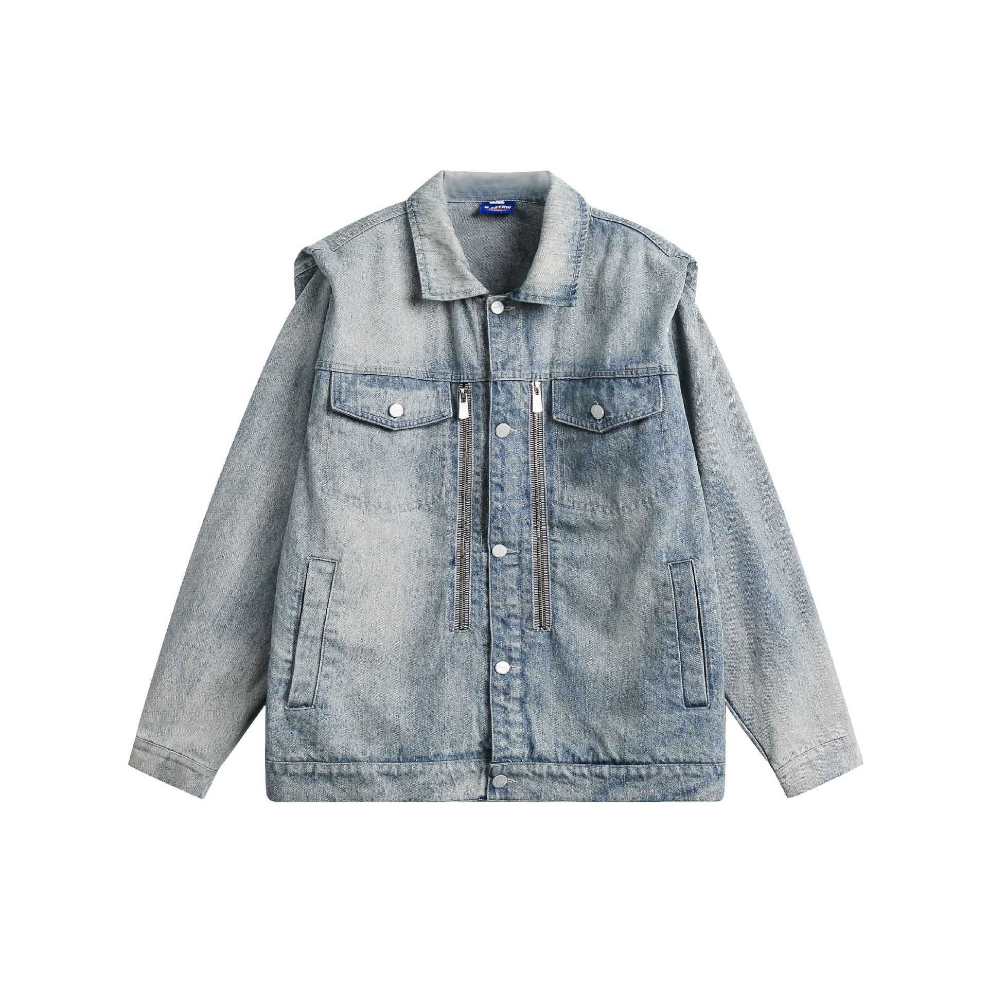Unisex Boxy Jeans Jacket with Double Zipper and Flap Pockets Chichicherry