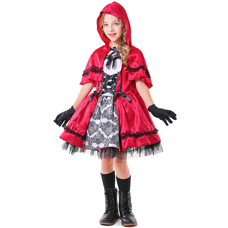 Girls Fairy Tale Little Red Riding Hood Costume with Elegant Tulle Skirt and Detail-Loving Cape Chichicherry
