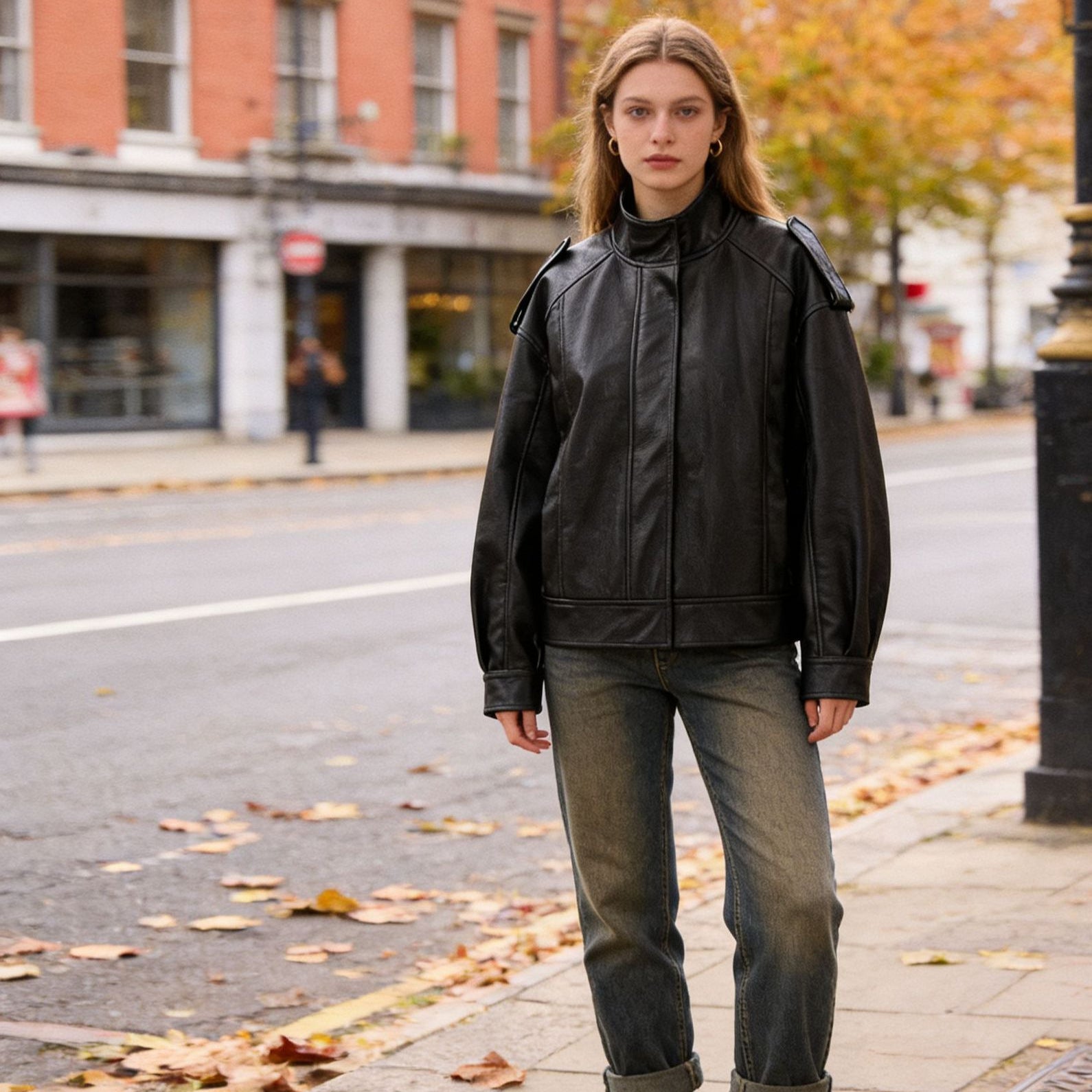 Women's Oversize Leather Jacket with Cut-Out Shoulder, Stand Collar and Structured Seams Chichicherry
