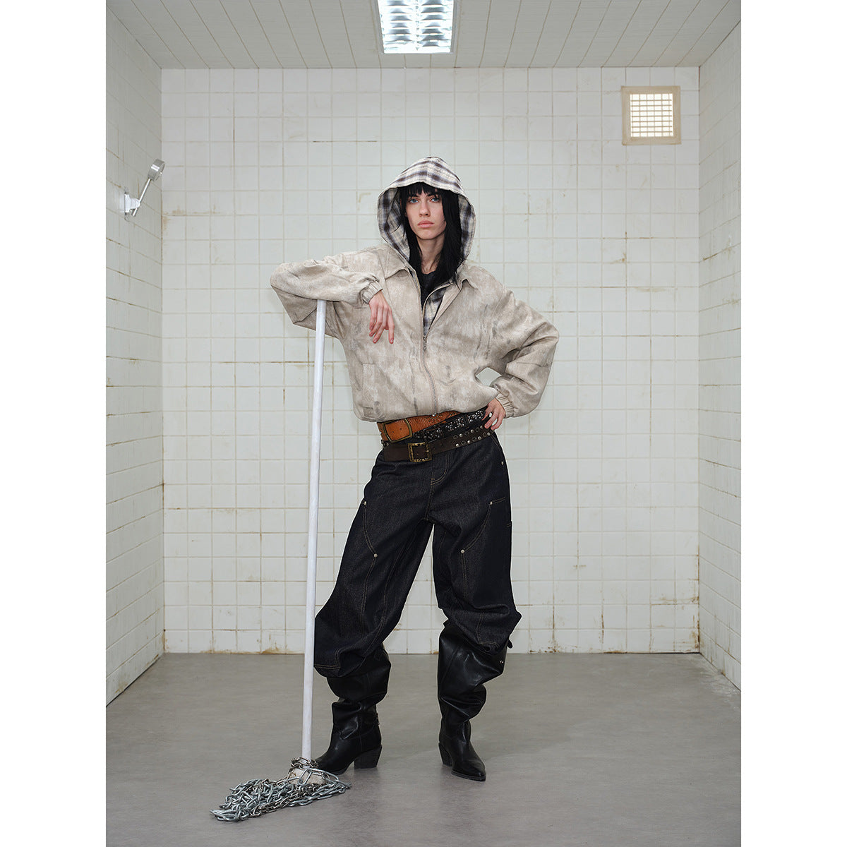 Unisex Short Cut Boxy Jacket in Suede Look with Checked Lined Hood Chichicherry