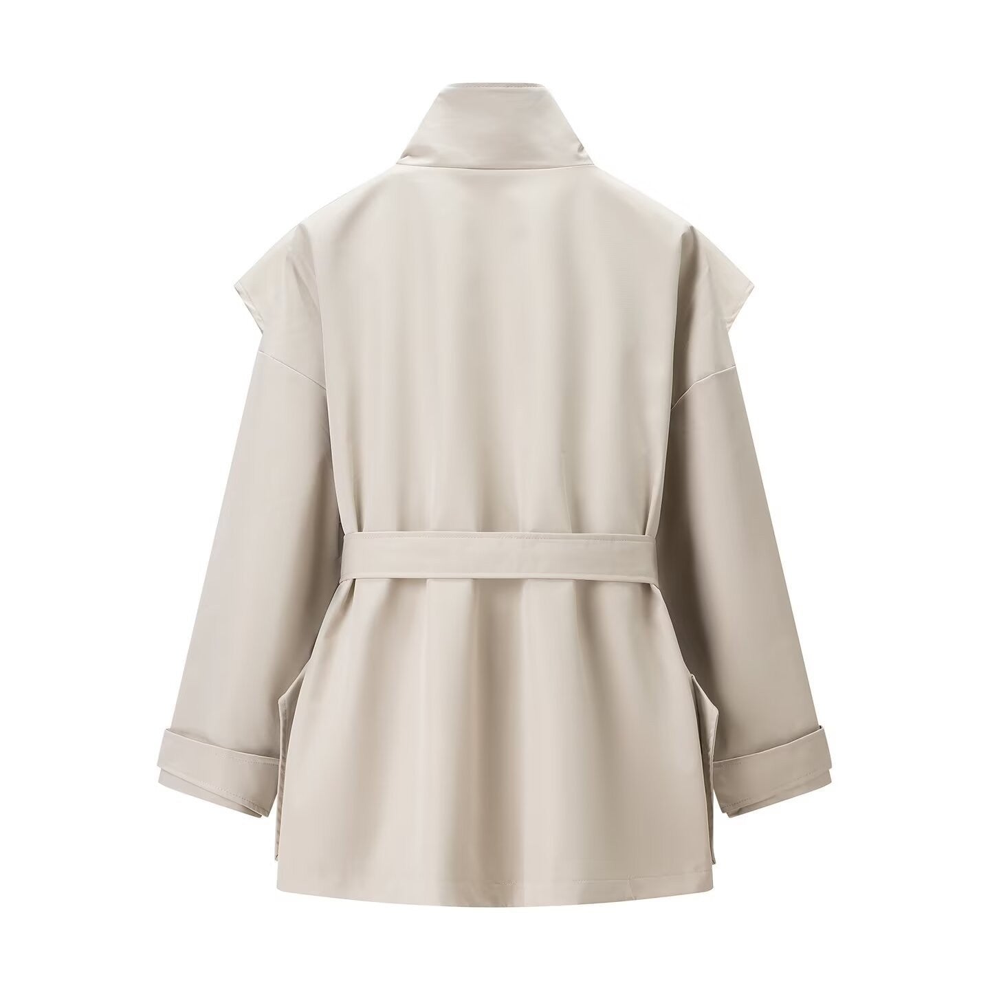 Women’s short trench coat with cape shoulder, high stand-up collar and belt Chichicherry
