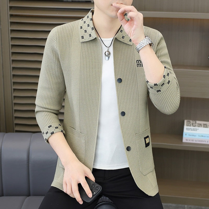 Men's Textured Knit Blazer with Patterned Collar and Button Placket Chichicherry