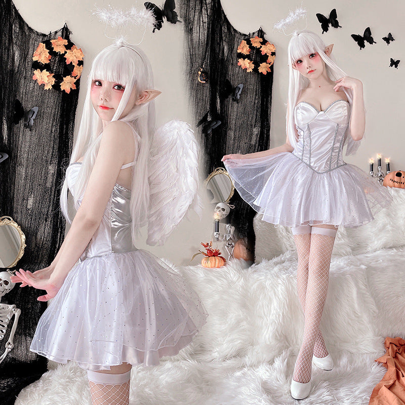 Women's Fantasy Angel Costume with Transparent Tulle Skirt and Sparkling Accents Chichicherry