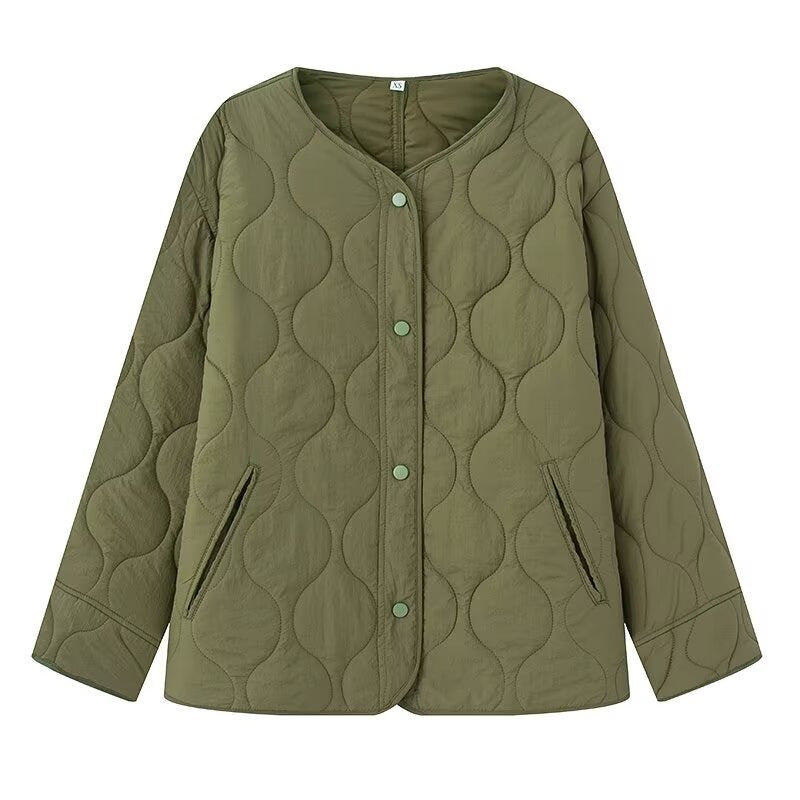 Women's Lightly Quilted Oversize Jacket with Round Neck, Snap Button Placket and Side Pockets Chichicherry