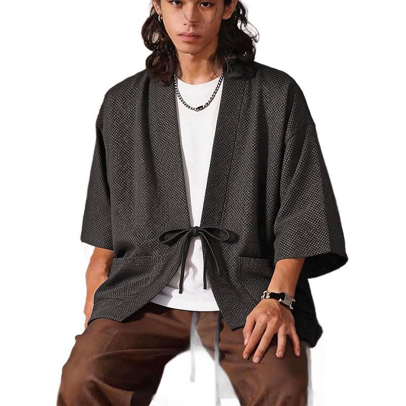 Men's Loose Kimono Cardigan made of textured cotton blend with short sleeves and tie Chichicherry