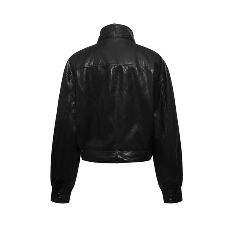 Women short double-breasted leather jacket with stand collar and waist belt Chichicherry
