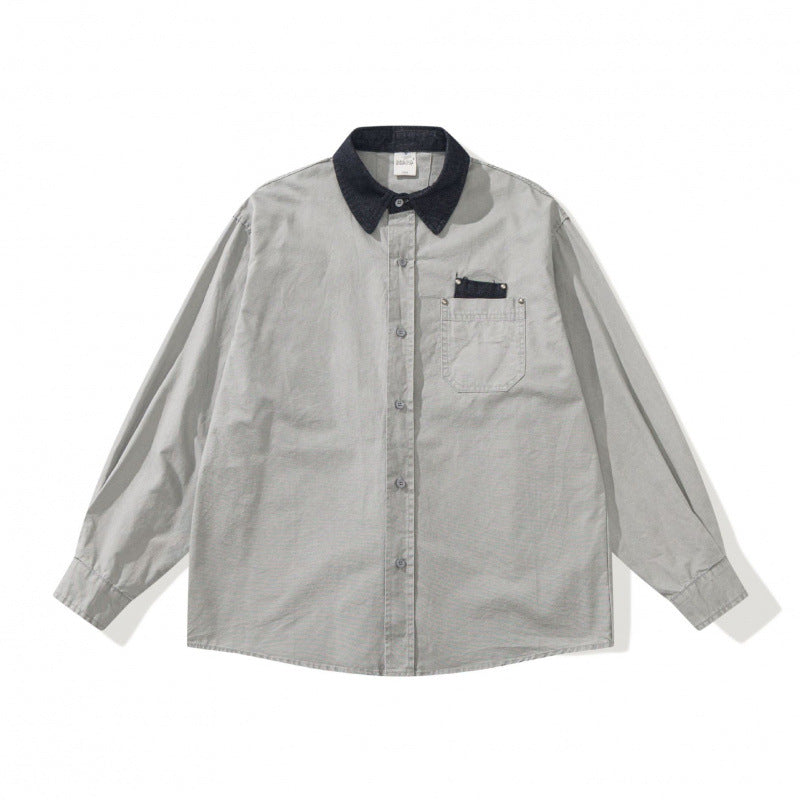 Men's Oversized Shirt Jacket with Cord Collar, Chest Pocket and Stud Detail Chichicherry