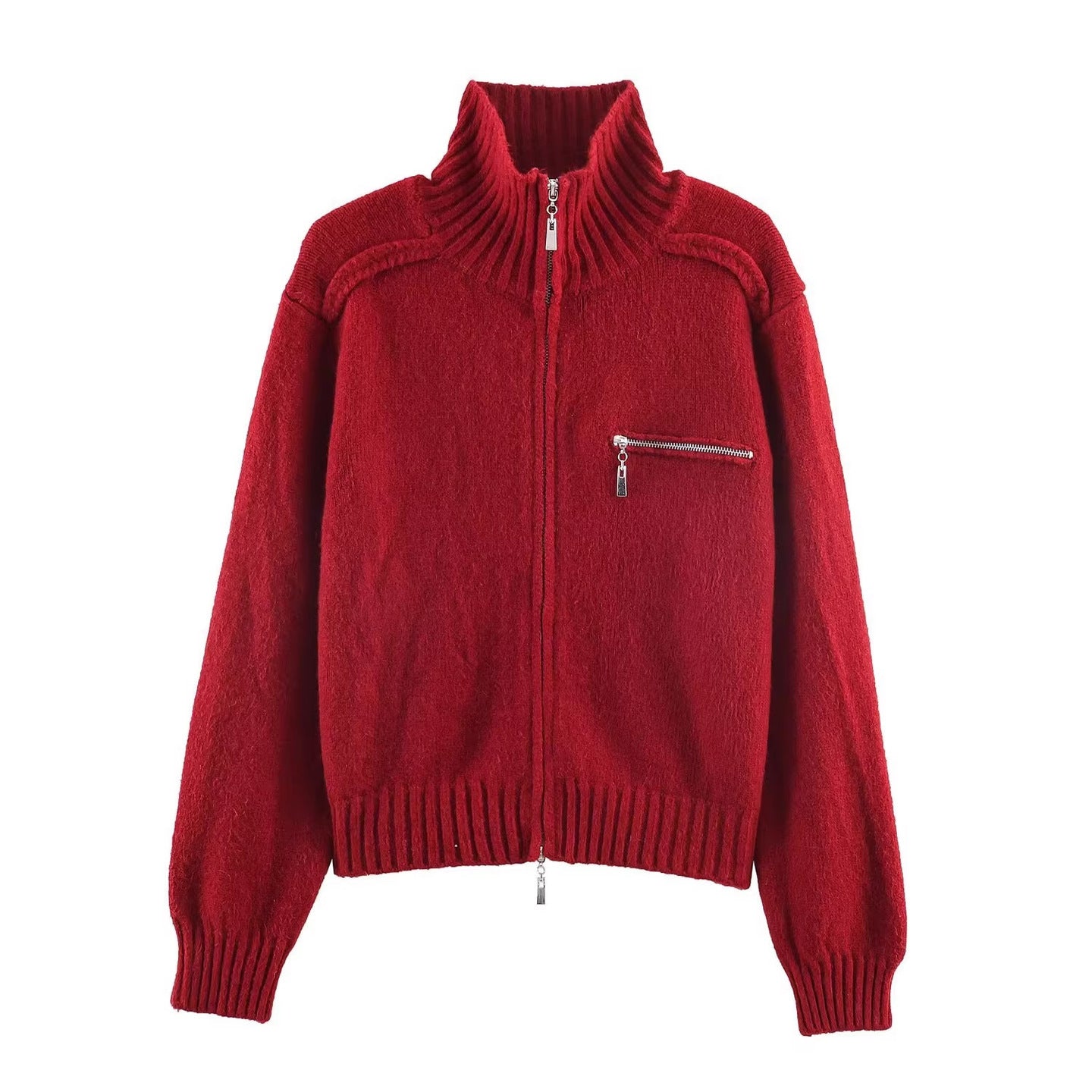 Women's Chunky Knit Zip-Up Cardigan with High Ribbed Collar and Chest Pocket Chichicherry