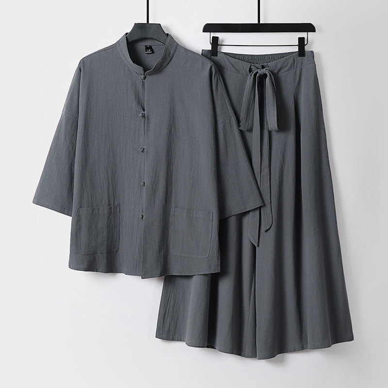 Ladies Two-Piece Lightweight Lounge Set with Stand-up Collar, Short Sleeve Jacket and Wide Palazzo Skirt Chichicherry