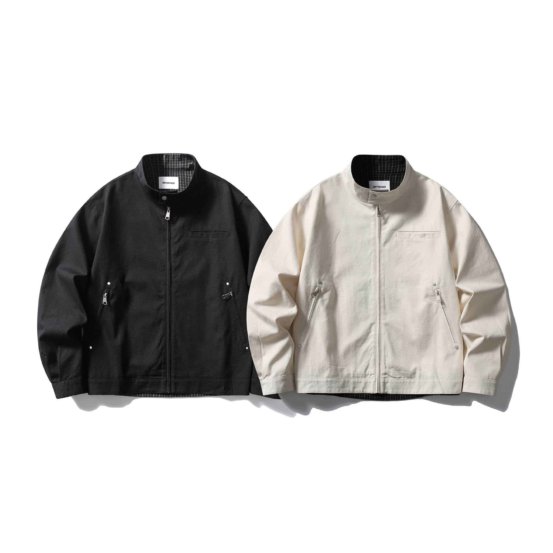 Men's short jacket with stand-up collar, concealed zipper, and checked inner lining Chichicherry