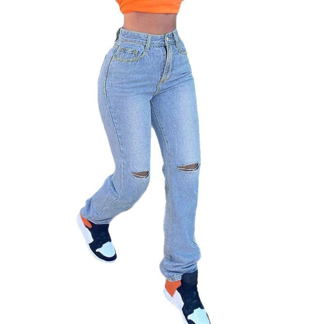 Women's high-waisted jeans with straight leg, knee rips, and stacked hem Chichicherry