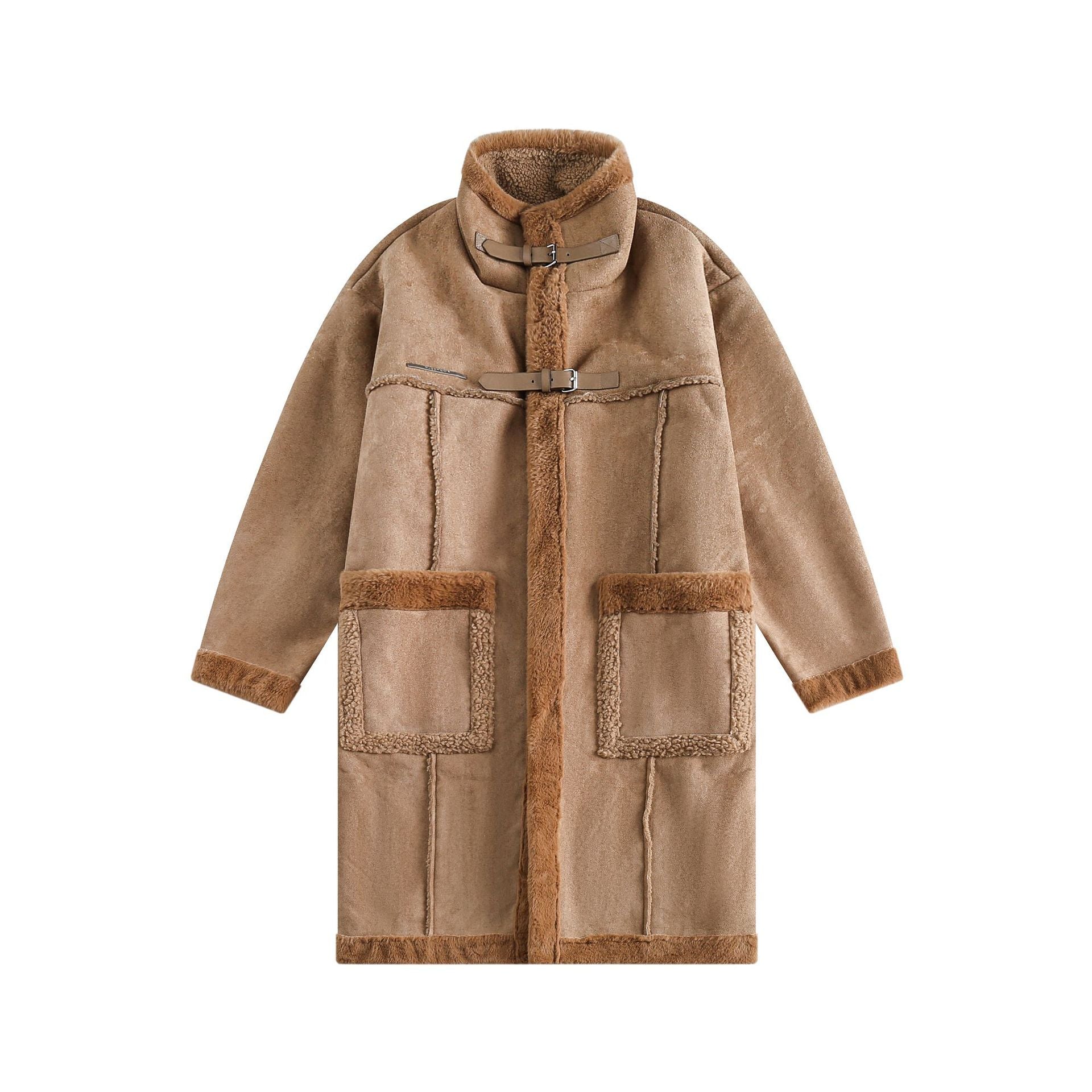 Women Long Oversize Sheepskin Imitation Coat with Stand-up Collar and Buckle Closure Chichicherry