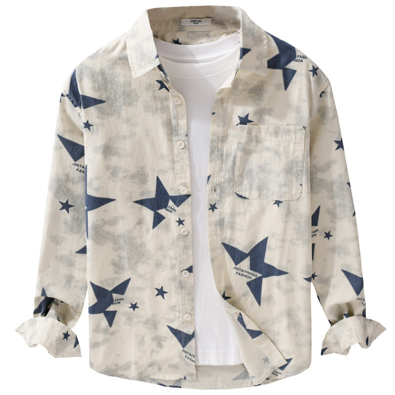 Men's Loose Cotton Blend Overshirt with Star Print and Chest Pocket Chichicherry