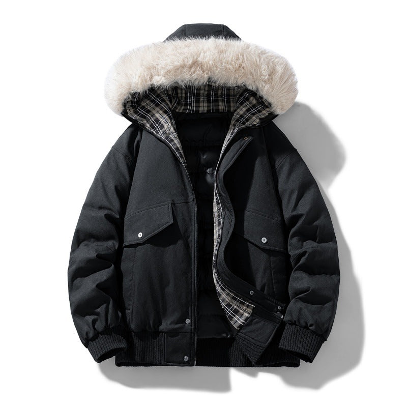 Men's short parka with padded lining, detachable hood, and patch pockets Chichicherry