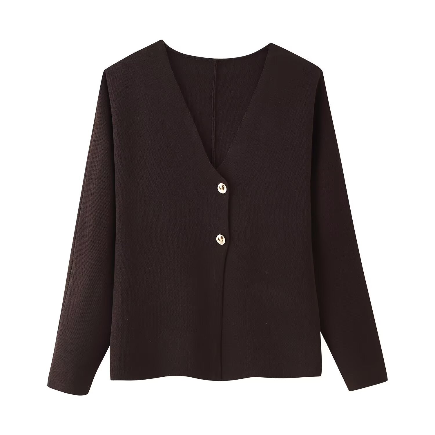 Women's Boxy Fine Knit Jacket with Deep V-Neck and Golden Decorative Buttons Chichicherry