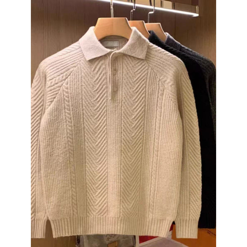 Herren Feinstrick-Polopullover mit halber Knopfleiste und Zopfmuster Chichicherry