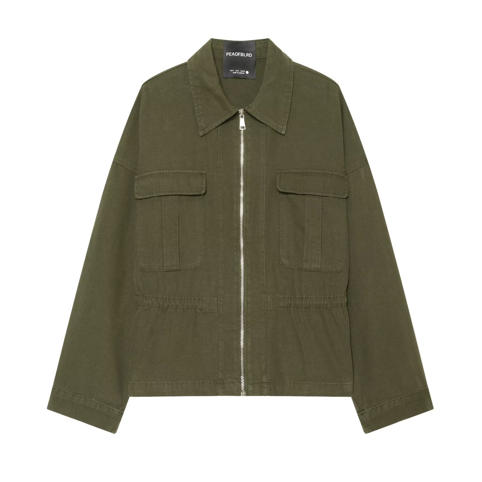 Women's Cropped Field Jacket with full-length zipper, flap pockets, and drawstring waist Chichicherry