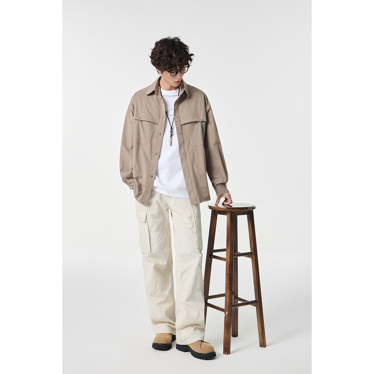 Unisex Oversized Shirt Jacket in Utility Style with Snap Button Placket Chichicherry