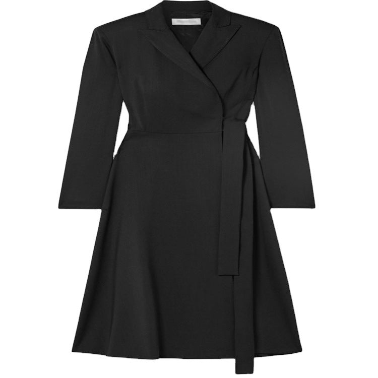 Women Wrap Midi Dress Coat in Tailoring with Shawl Collar and Tied Belt Chichicherry