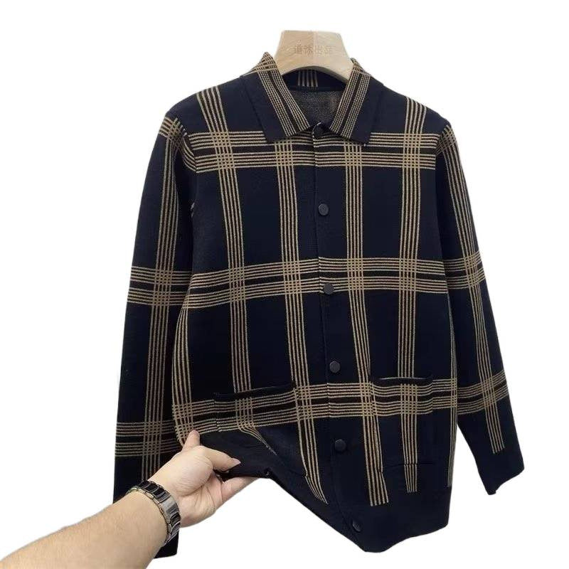 Herren Leichtes Strick-Übergangshemdjacke mit Karomuster und aufgesetzten Taschen Chichicherry