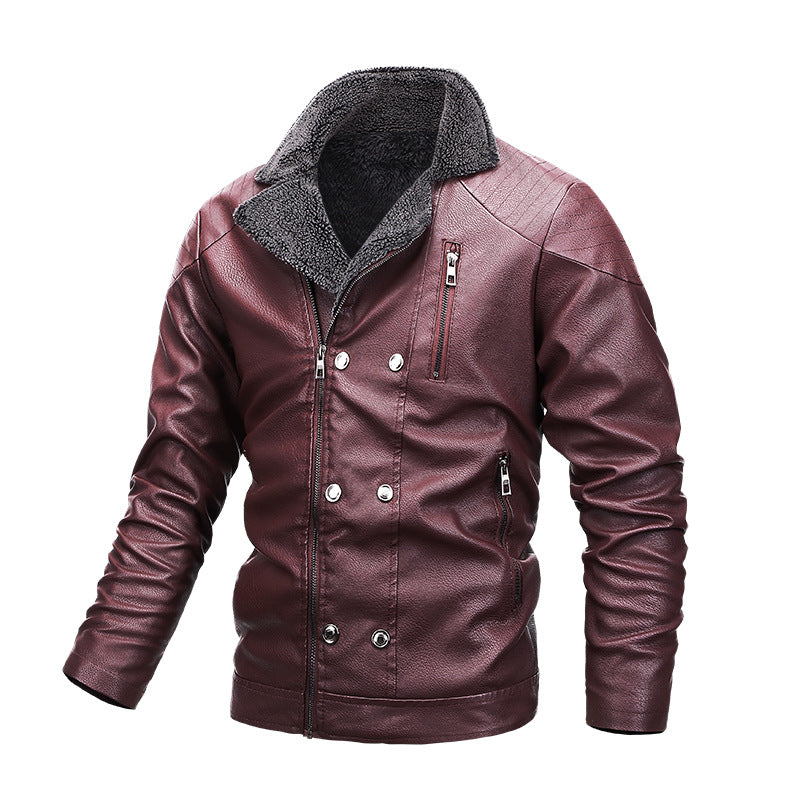 Men's Padded Aviator Jacket Made of Faux Leather with Teddy Lining and Double-Breasted Front Chichicherry