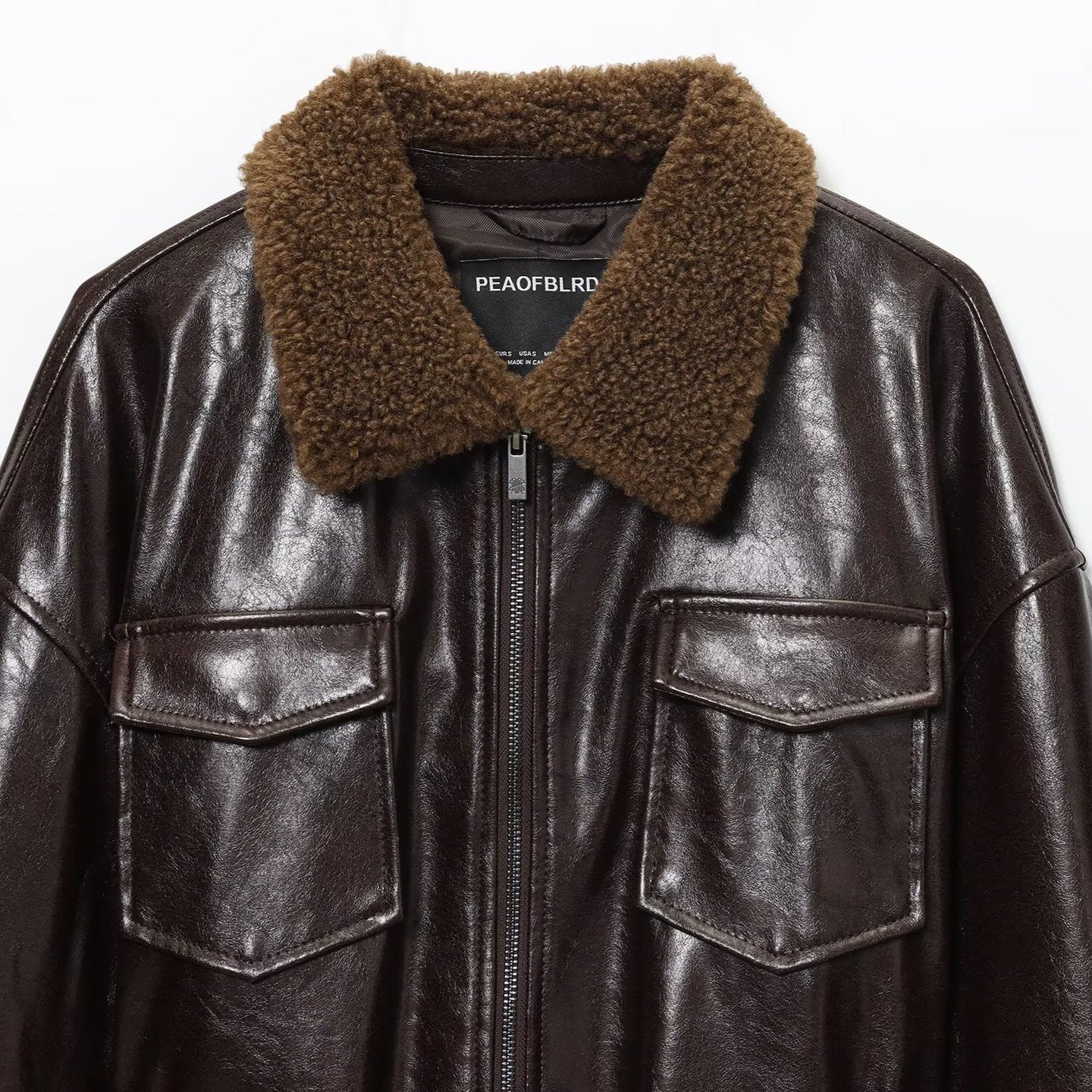 Women's Oversized Faux Leather Jacket with Teddy Collar and Waist Belt Chichicherry