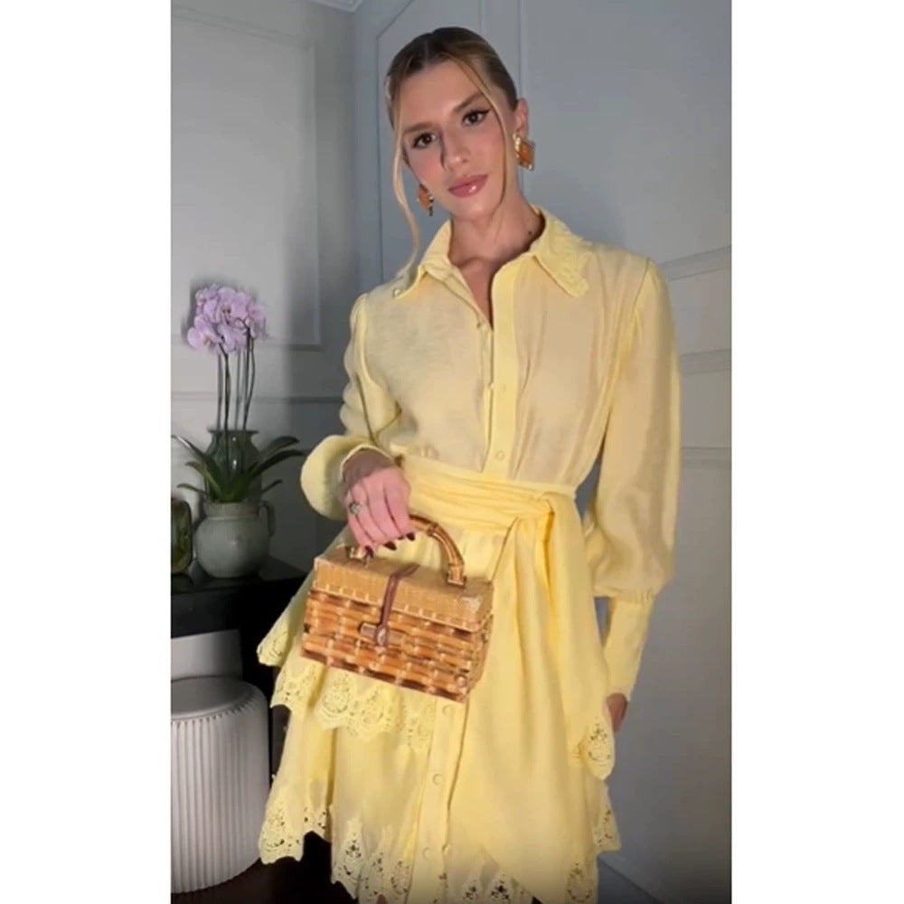 Women Lightweight Shirt Dress with Broderie Anglaise Hem and Wrap Belt Chichicherry