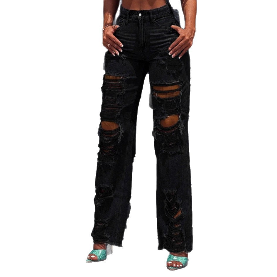Ladies high-waisted destroyed jeans with wide legs and large knee rips Chichicherry