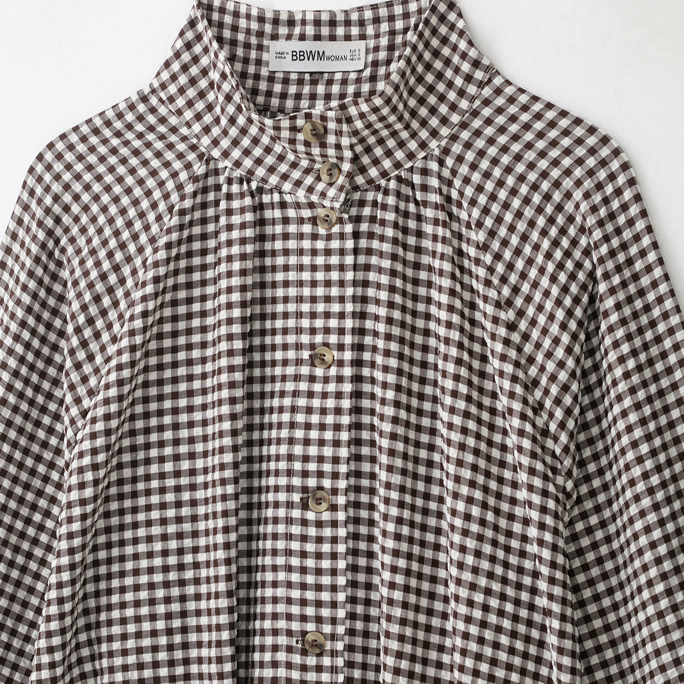 Women’s check blouse with stand-up collar, button closure and drawstring hem Chichicherry