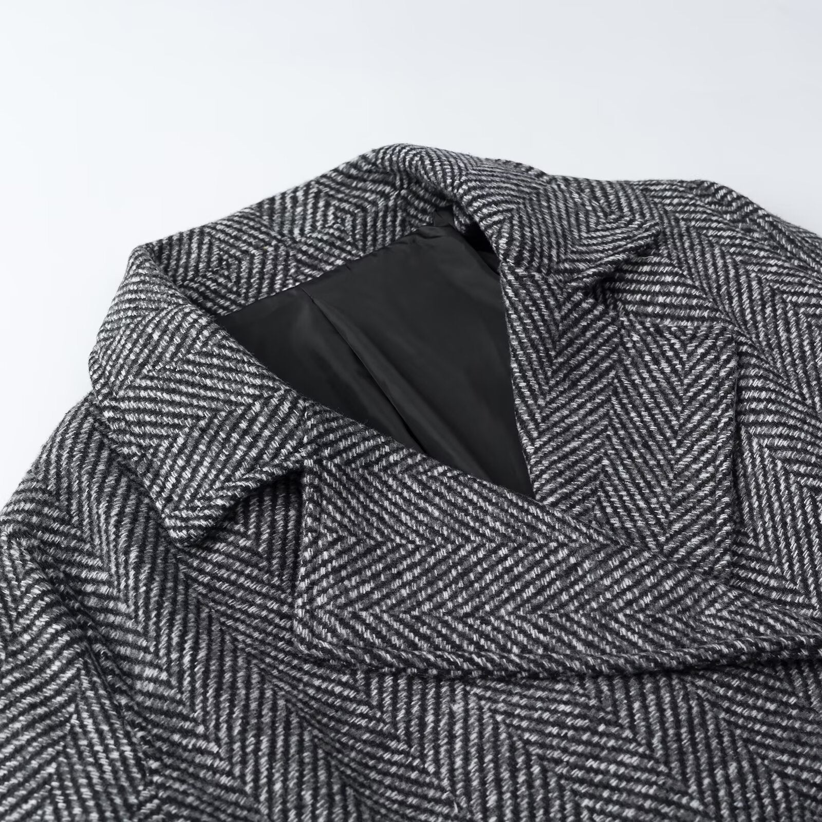 Women Short Double-Breasted Herringbone Tweed Jacket with Notch Lapel Chichicherry