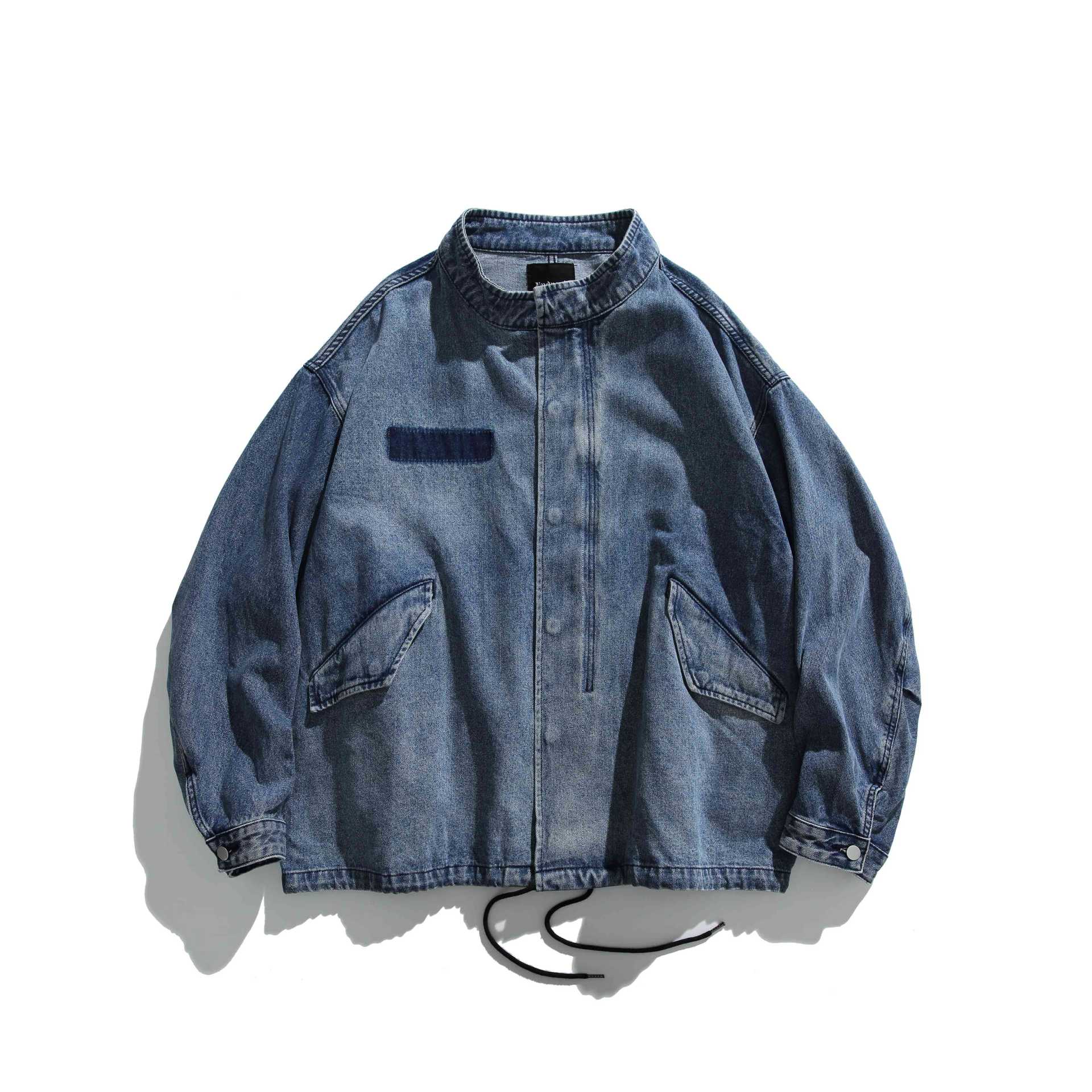 Unisex Short Cut Denim Utility Blouson with Stand Collar and Drawstring Chichicherry