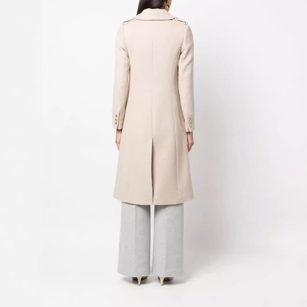 Women Mid-length double-breasted tailoring coat with fitted seam and decorative straps Chichicherry