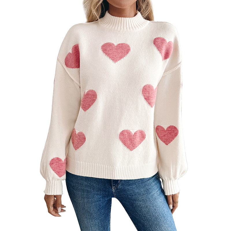 Women's Cozy Knit Sweater with Heart Intarsias and Stand-Up Collar Chichicherry