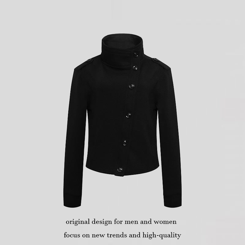 Ladies Short Wool Look Military Jacket with Standing Collar and Asymmetric Button Placket Chichicherry
