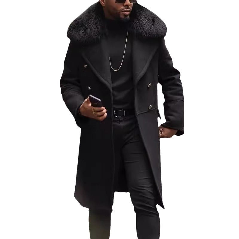 Men's Double-Breasted Wool Coat with Large Faux Fur Collar Chichicherry