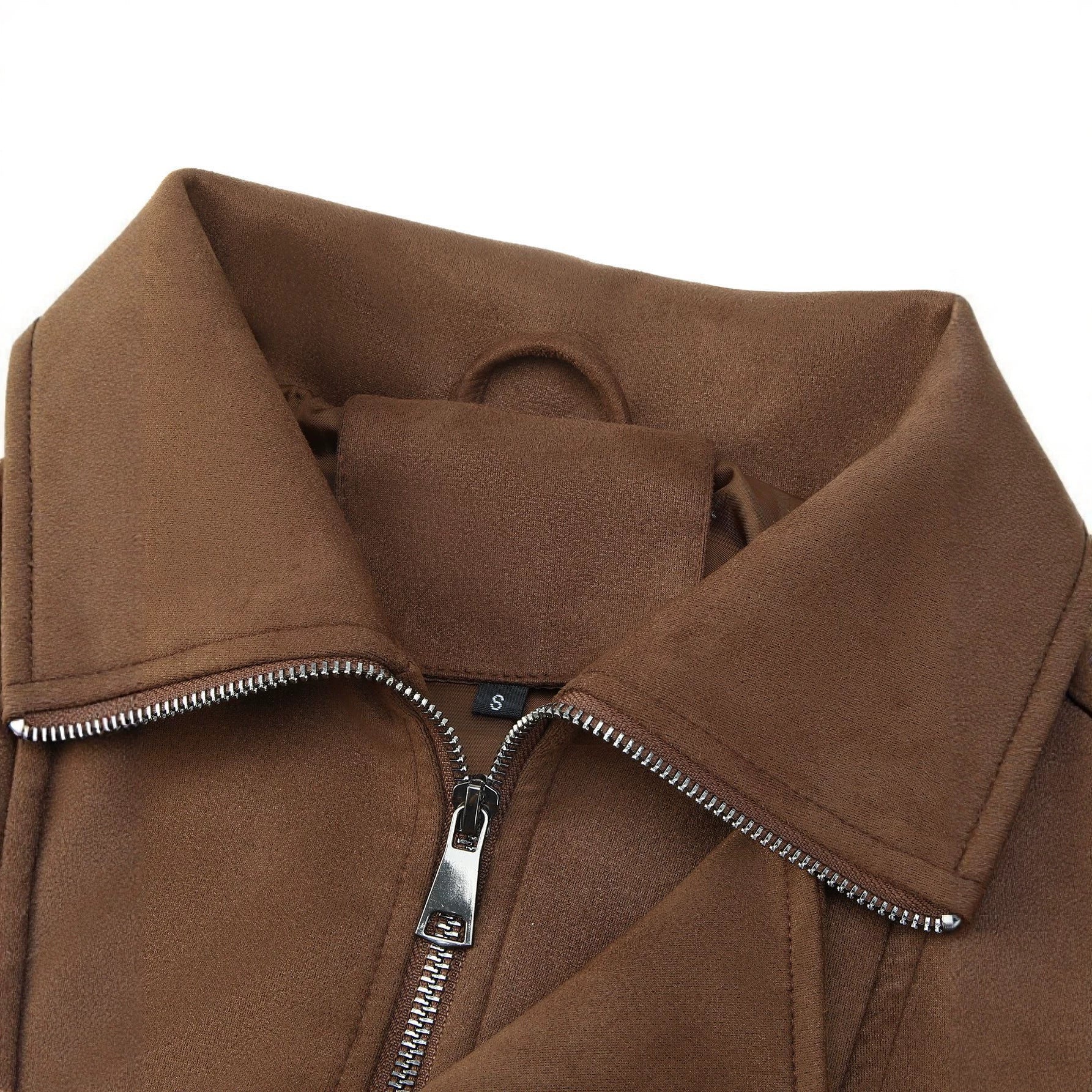 Women's Short Suede Look Bomber Jacket with High Stand Collar, Shoulder Epaulettes and Waist Belt Chichicherry