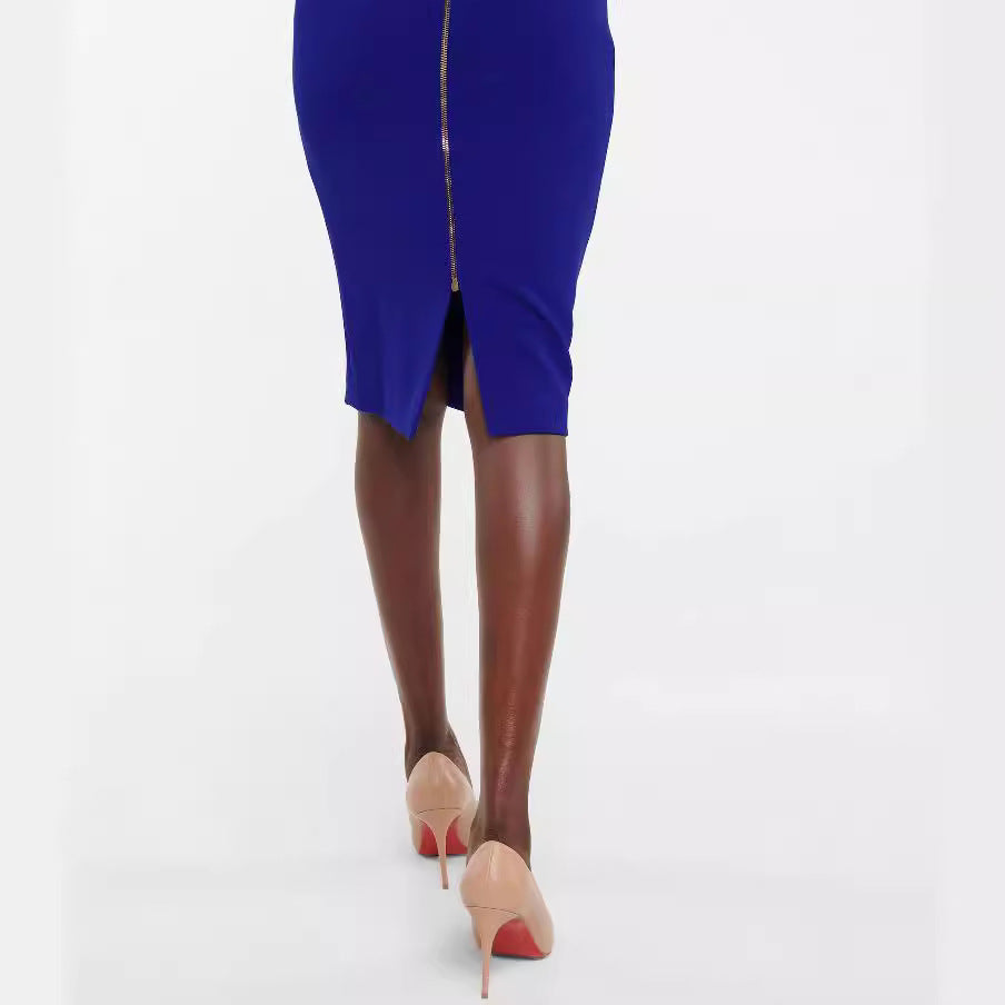 Women's figure-hugging midi dress with trumpet sleeves and round neckline Chichicherry