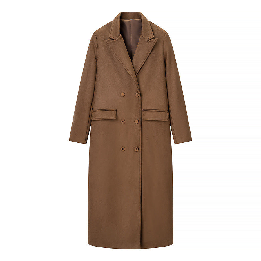 Women Double-breasted Wool-look Maxi Coat with Lapel Collar and Flap Pockets Chichicherry