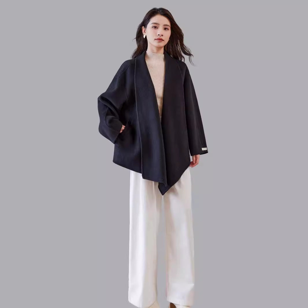 Women's oversized coat made from wool blend with open shawl collar and asymmetrical hem Chichicherry