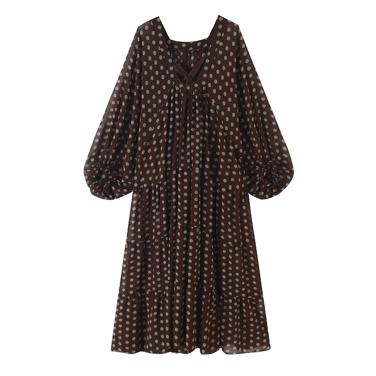Women’s midi dress with ruffled tiers, balloon sleeves and V-neck Chichicherry